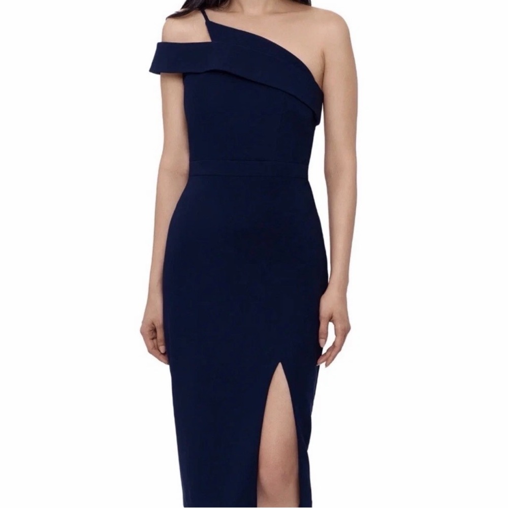 Xscape Navy One-Shoulder Midi Dress with Front Slit